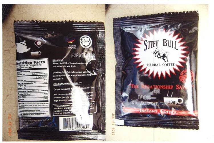 Billede af det ulovlige produkt: Stiff Bull Herbal Coffee