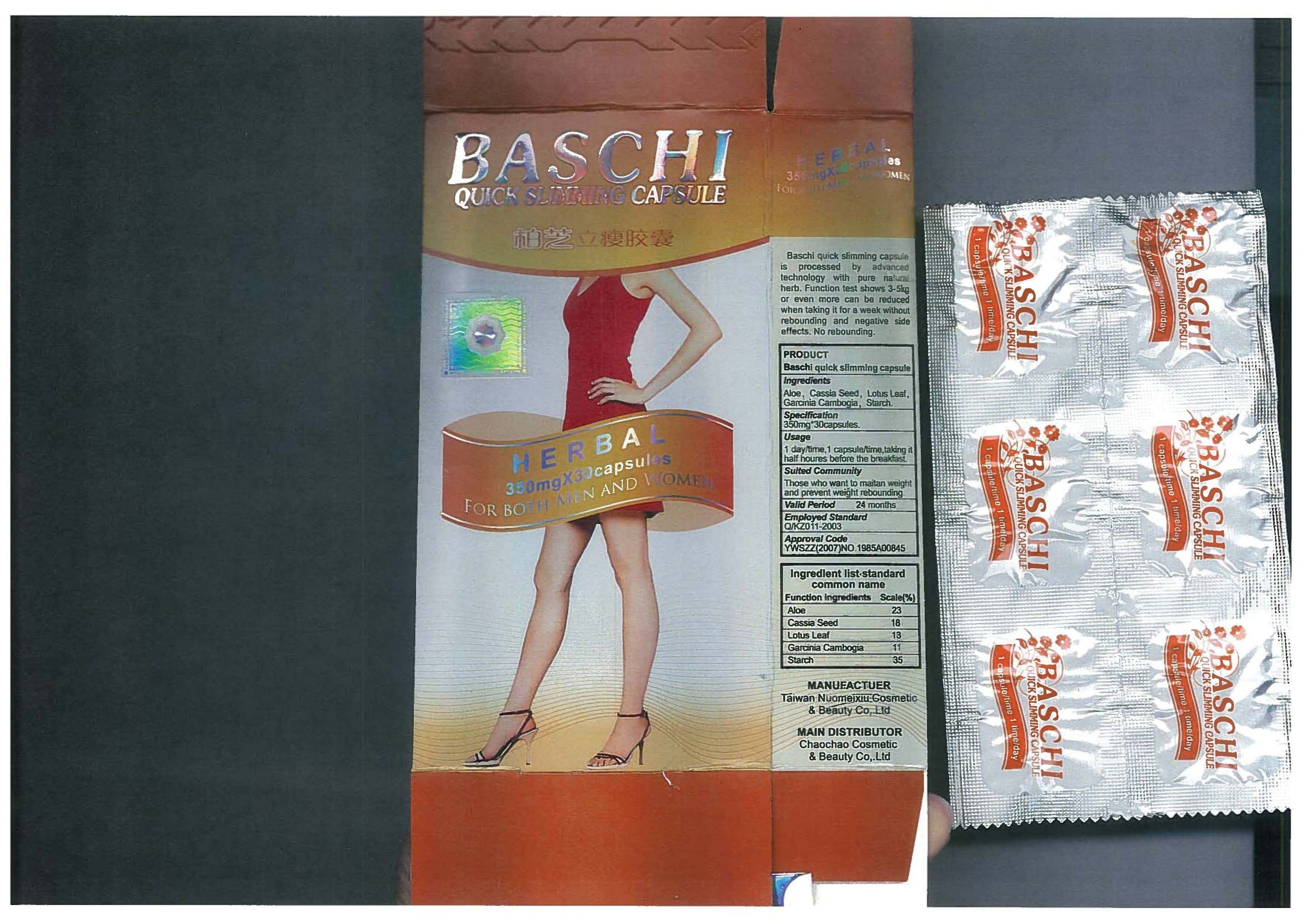 Billede af det ulovlige produkt: Baschi Quick Slimming Capsules